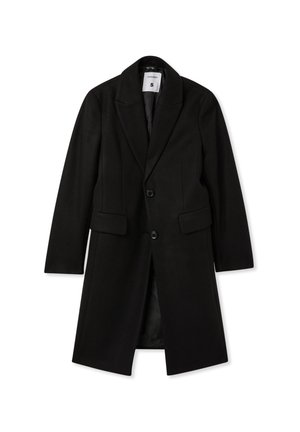 Cappotto nero in misto lana con rever a punta, due tasche frontali, chiusura a un bottone e foderato liscio. Vestibilità su misura con forma strutturata.