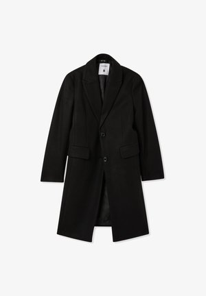 Cappotto nero in misto lana con rever a punta, due tasche frontali, chiusura a un bottone e foderato liscio. Vestibilità su misura con forma strutturata.