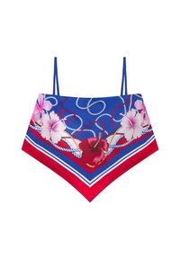 Top bikini a triangolo blu con stampa floreale in rosa e rosso, con design in corda bianca e un accento rosso lungo il bordo inferiore.