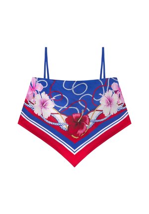 Dreieckiger Bikini-Oberteil in Blau mit floralem Druck in Pink und Rot, ausgestattet mit einem weißen Seil-Design und einem roten Akzent entlang der unteren Kante.