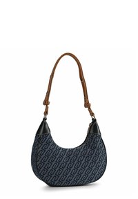 Sac d'épaule en tissu à motif bleu avec des accents en cuir noir et une sangle réglable marron, présentant une forme incurvée et une fermeture éclair.