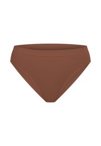 Bruine geribbelde hooggesneden bikini onderkant met een gladde textuur en een brede tailleband, met contoured zijkanten voor een fitted silhouet.