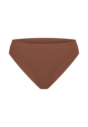 Bruine geribbelde hooggesneden bikini onderkant met een gladde textuur en een brede tailleband, met contoured zijkanten voor een fitted silhouet.