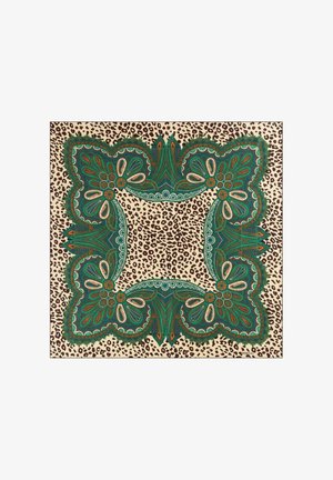 Green and orange patterned square scarf with a leopard print border, featuring intricate floral and paisley designs on a beige background.