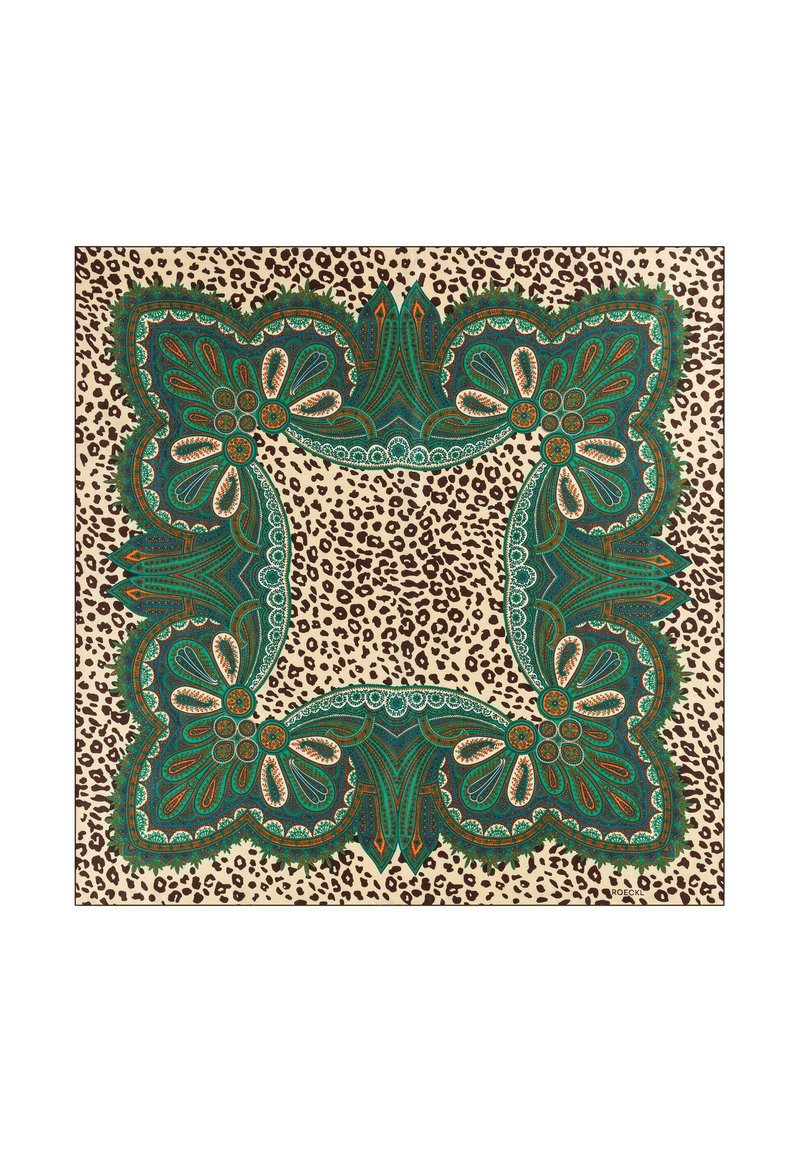 Green and orange patterned square scarf with a leopard print border, featuring intricate floral and paisley designs on a beige background.