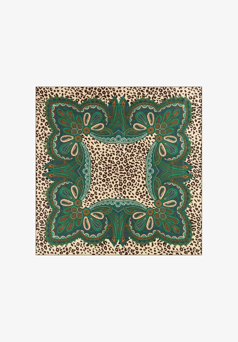 Green and orange patterned square scarf with a leopard print border, featuring intricate floral and paisley designs on a beige background.