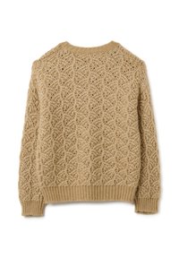 Beige gebreide trui met een textuurpatroon van in elkaar vergrendelde vormen, geribbelde halslijn en manchetten, en een ontspannen pasvorm.
