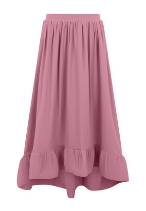 Midi-Rock in maulbeerrosa mit gerafftem Bund und Rüschensaum, fließendem Stoff und asymmetrischer Länge.