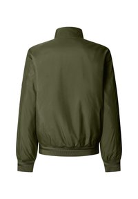 Alyvuogių žalia bombonešio striukė, lygi tekstūra, aukšta apykaklė, elastingi rankogaliai ir apačia, paprastas dizainas, nugaroje nematyti užsegimai.