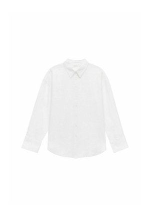 White, long-sleeve button-up shirt made of lightweight fabric, featuring a classic collar, straight cut, and soft texture.