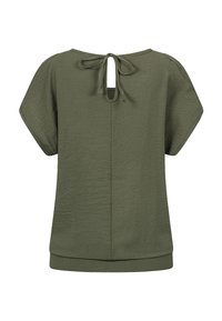 Olivengrønn bluse med strukturert overflate, korte ermer og knyting bak. Rett kant og avslappet passform.