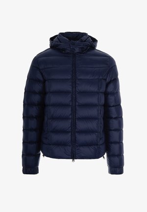 Granatowa puchowa kurtka z pikowanym wzorem, zamkiem błyskawicznym i zapięciem na zatrzask, regulowanym kapturem oraz elastycznymi mankietami. Wykonana z błyszczącego, lekkiego materiału.