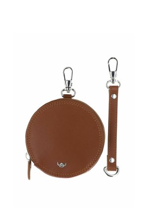 Round brown leather coin pouch with zipper and detachable strap, both featuring silver metal clasps.