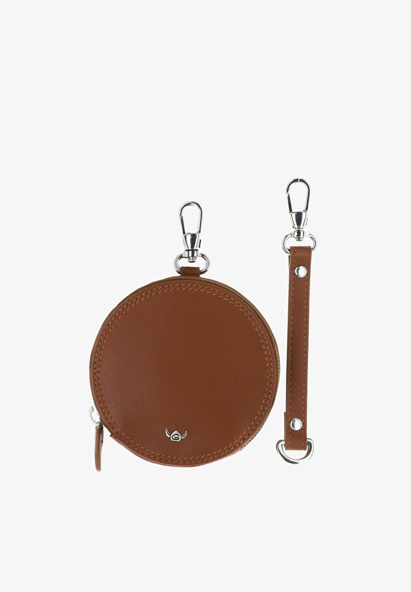 Pochette ronde en cuir marron pour pièces avec fermeture éclair et sangle détachable, toutes deux équipées de fermoirs métalliques argentés.