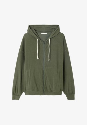 Zapeljava s kapuco v temno olivno zeleni barvi, z dolgimi rokavi, rebrastimi manšetami in žepom kenguru. Material iz bombažnega mešanice.
