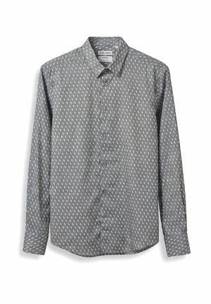 Grijs overhemd met lange mouwen en knopen, voorzien van een wit streepjespatroon, puntige kraag en knoopmanschetten, plat uitgestald op een witte achtergrond.