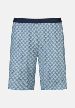 Hellblaue Boxershorts mit dunklem Bund, versehen mit einem sich wiederholenden Muster kleiner Fahrräder in Grau und Beige.