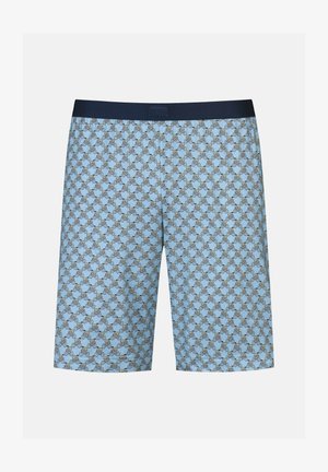 Hellblaue Boxershorts mit dunklem Bund, versehen mit einem sich wiederholenden Muster kleiner Fahrräder in Grau und Beige.