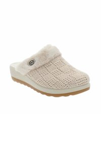 Zapatilla de casa beige tipo slip-on con parte superior de tejido trenzado y un suave collar de piel sintética, con una suela de goma texturizada para un mejor agarre.