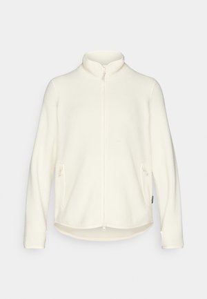 White fleece jacket with a high collar, front zipper, and side pockets. Soft texture with a slightly longer back hem, casual design.
