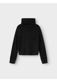 Schwarzer Rollkragenpullover, cropped Design, lange Ärmel, aus weichem Material, mit geripptem Kragen und Bündchen, glatte Textur, ohne zusätzliche Muster.