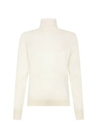Maglione a collo alto crema in morbido tessuto lavorato a maglia, con maniche lunghe e polsini e orlo a coste. Design semplice, senza motivi o decorazioni.