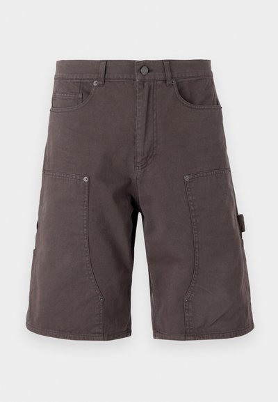 Dark gray cargo shorts made of cotton with front pockets, side cargo pockets, button closure, and stitching detail on the legs.