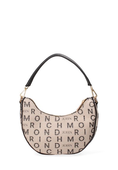 Borsa a mano in tessuto beige con logo stampato nero, forma curva, manico corto e dettaglio della zip dorato. Tessuto morbido con accenti in contrasto.