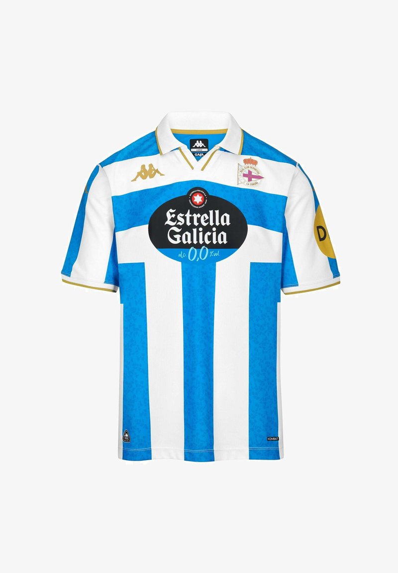 Camiseta a rayas azules y blancas con cuello, que presenta un gran logo negro en el centro, detalles dorados y un diseño texturizado.