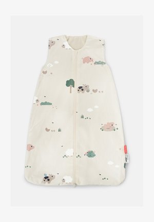Saco de dormir para bebés con cremallera, fabricado con suave tela beige y estampados de animales de granja que incluyen vacas, ovejas, cerdos, pájaros y árboles.