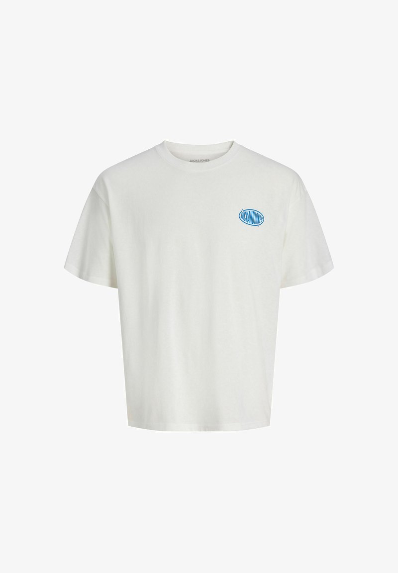 Λευκό κοντομάνικο t-shirt με στρογγυλή λαιμόκοψη και μικρό μπλε λογότυπο "Jack & Jones" στο αριστερό στήθος.
