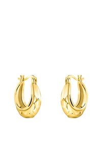 Guldtonade hoopsmycken med en slät, böjd design och polerad yta. Har en säker låsning och en något snodd form.