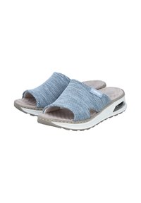 Blue mesh slide sandals with open toe and side cutouts; soft textured insole; lightweight white sole with cushioning and a visible air pocket.