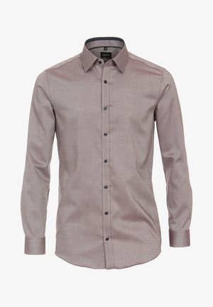 Miesten slim-fit pitkähihainen pikkutakki vaimeassa purppuran sävyssä, klassisella kauluksella ja mustilla napilla edessä.