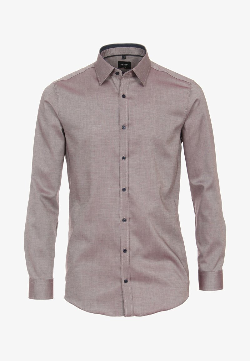 Chemise habillée pour homme, coupe slim, manches longues, couleur mauve atténuée, col classique et boutons noirs à l'avant.