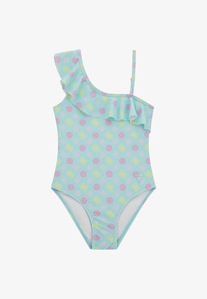 Maillot de bain une pièce avec une base bleu clair, orné de motifs roses et jaunes, au design asymétrique et avec une bretelle à volants.
