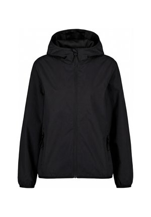 Giacca nera con cappuccio, cerniera frontale, polsini elastici e tasche laterali con cerniera, mostrata su sfondo bianco.