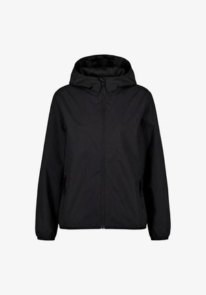 Giacca nera con cappuccio, cerniera frontale, polsini elastici e tasche laterali con cerniera, mostrata su sfondo bianco.