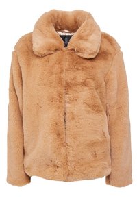 Faux-Fur-Jacke in hellem Braun, mit breitem Kragen, langen Ärmeln und weicher Textur. Vorderer Verschluss ohne sichtbare Hardware-Details.