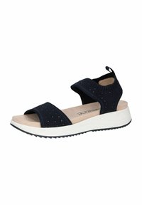 Marinblå sandal med två breda remmar som har perforeringar, mjuk beige innerfot och en vit sula med texturerat grepp. Dragflik vid hälen.