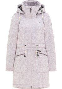 Dlouhý fialovo-šedý fleece kabát s kapucí, zipem vpředu, dvěma bočními kapsami, stahovacími šňůrkami a decentním logem deštníku na hrudi.