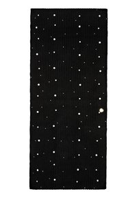 Écharpe en maille noire ornée de petites perles blanches de différentes tailles dispersées formant un motif en points sur le tissu.