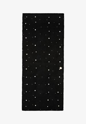 Écharpe en maille noire ornée de petites perles blanches de différentes tailles dispersées formant un motif en points sur le tissu.