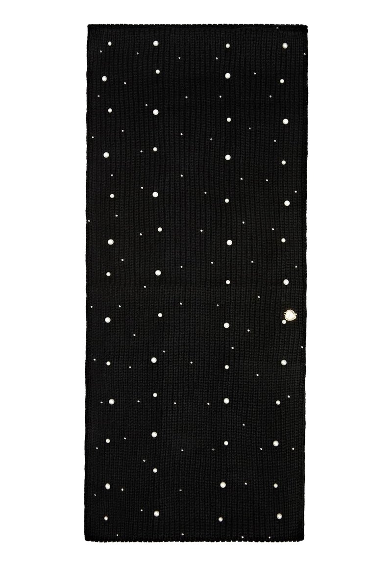 Écharpe en maille noire ornée de petites perles blanches de différentes tailles dispersées formant un motif en points sur le tissu.