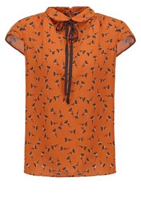 Blusa arancione a maniche corte con colletto, caratterizzata da un motivo floreale nero. Include un dettaglio di legatura frontale per la regolazione.