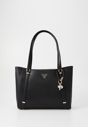 Black handbag made of smooth synthetic material, featuring two handles, gold-tone hardware, a triangular logo, and a charm detail.