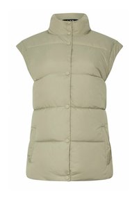 Kamizelka w kolorze jasnej zieleni, z krótkimi rękawami, wysokim kołnierzem i zapięciem na napy z przodu, oraz dwoma bocznymi kieszeniami. Gładki materiał z pikowanym wzorem.