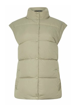 Gevoerde vest in lichtgroen, korte kapmouwen, hoge kraag en een sluiting met drukknoop aan de voorkant met twee zijzakken. Gladde stof met een gestikt ontwerp.