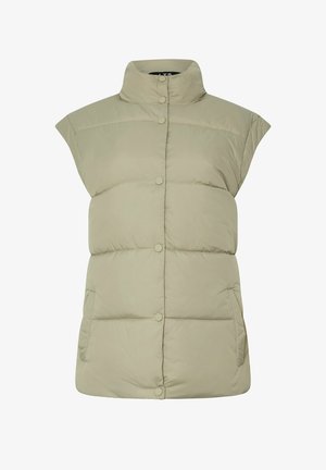 Gevoerde vest in lichtgroen, korte kapmouwen, hoge kraag en een sluiting met drukknoop aan de voorkant met twee zijzakken. Gladde stof met een gestikt ontwerp.