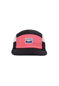 Schwarze, pinke und weiße Mütze mit flachem Schirm, die ein zentrales Logo-Patch mit Bergmotiven zeigt und Mesh-Seitenpaneele für Atmungsaktivität bietet.
